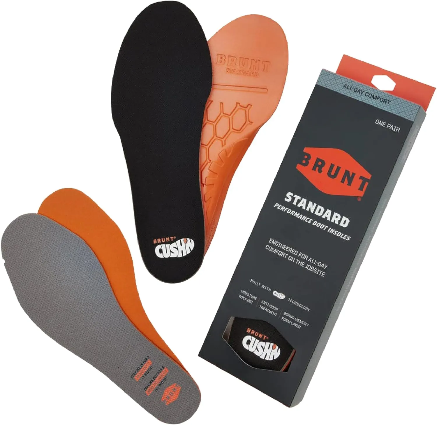 BRUNT Standard CUSHN Insoles - Comfort Wook Boot Insoles - Built with CUSHN Technology - Moisture Wicking - Anti-Odor Treatment - Bonus Memory Foam Layer