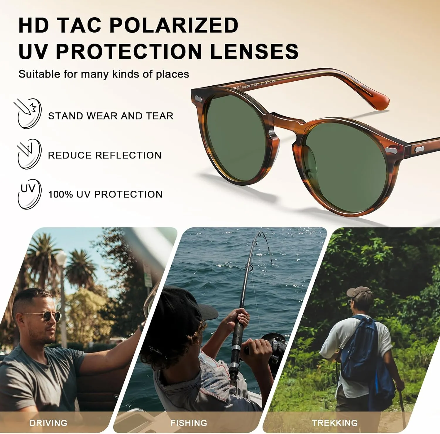 CARFIA Acetate Polarized Sunglasses for Men Retro Classic Round Shades