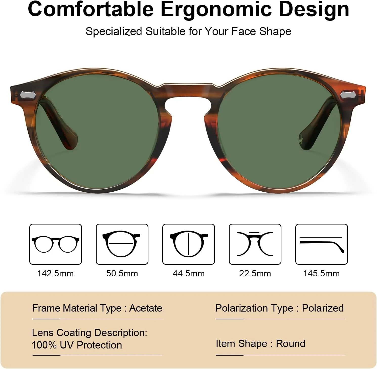 CARFIA Acetate Polarized Sunglasses for Men Retro Classic Round Shades
